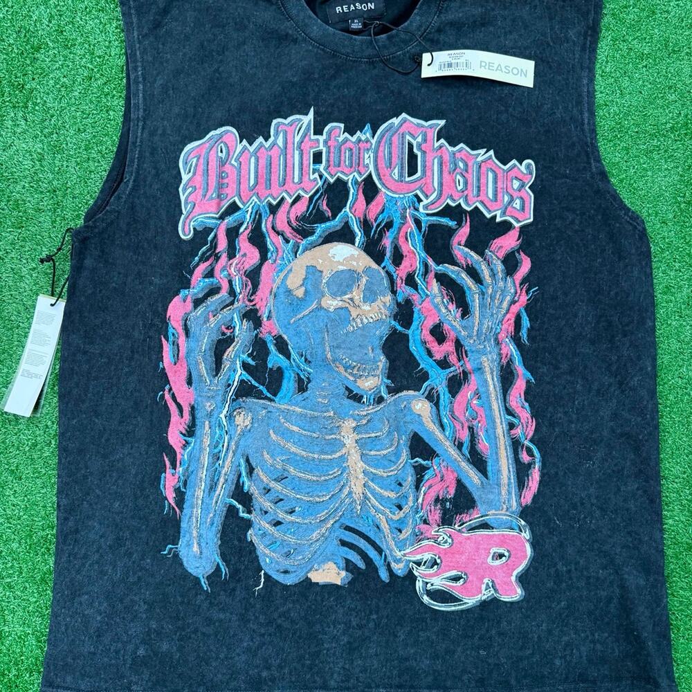 REASON Black Tank Top Shirt New With Tags “Built For Chaos” Skeleton On Fire